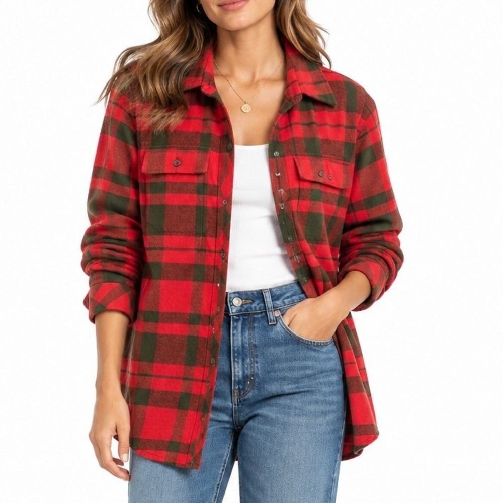 LL Bean Signature Womens XS Red Green Buffalo Plaid Flannel Button Up Shirt